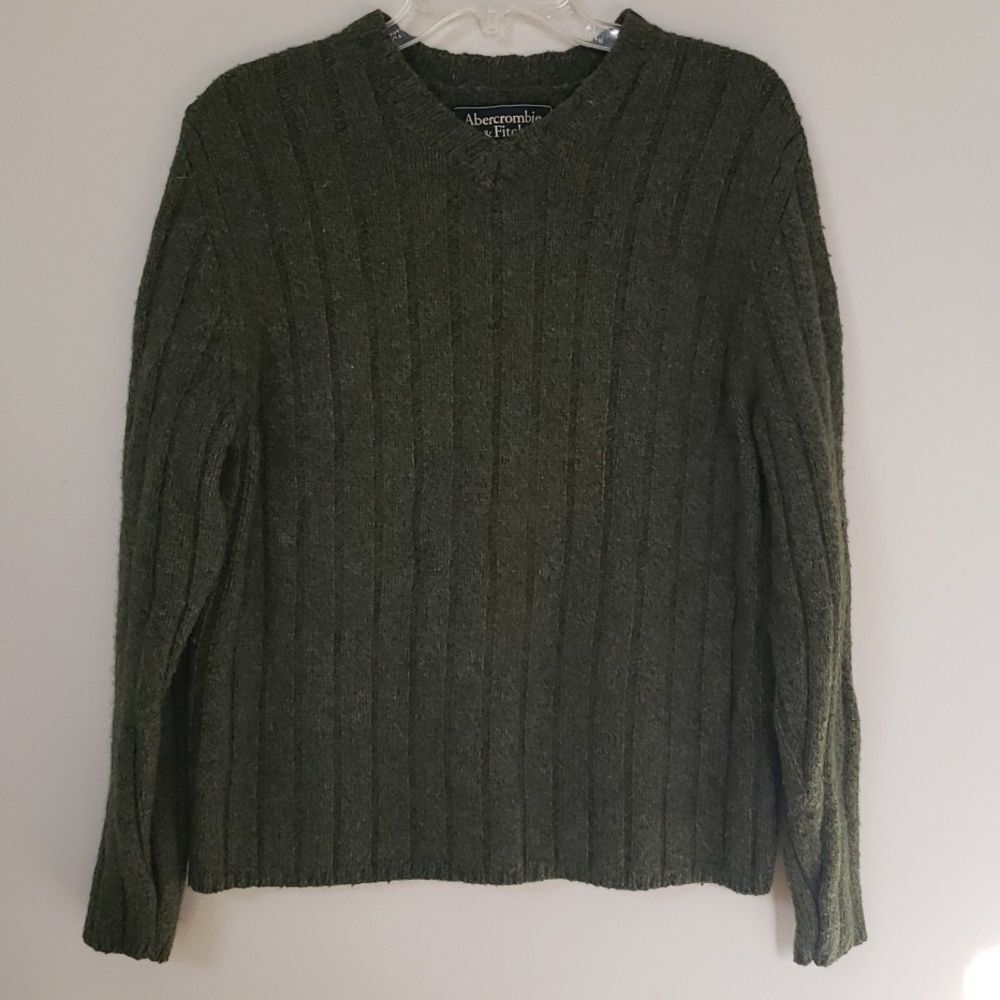 Abercrombie & Fitch Sweater Mens XL Wool Dark Green Rib Knit V Neck Pullover